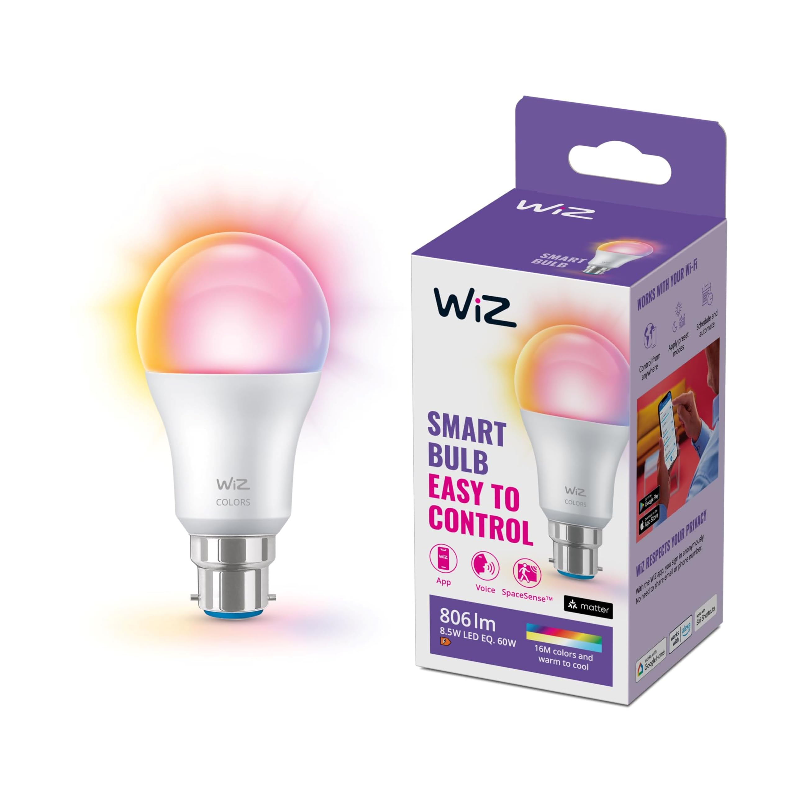 WiZ Smart Colour Bulb, A60, 8.5W, Colour, Motion Sensor with